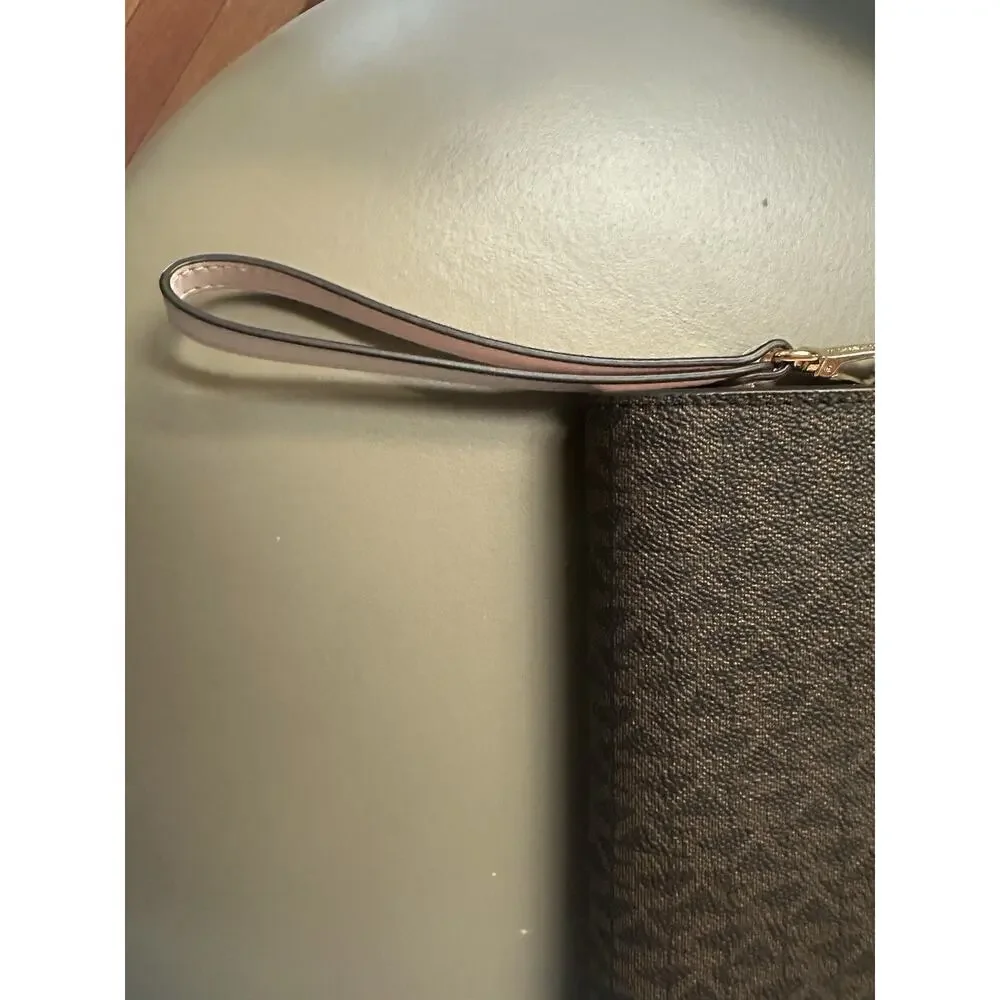 Michael Kors Signature Coated Canvas Zip Wristlet Wallet Brown MK Logo NWT